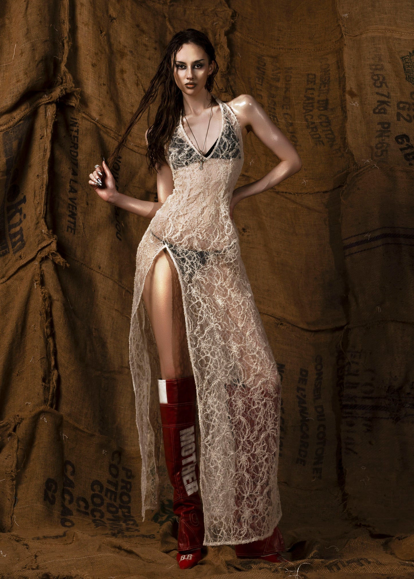 Mother Halter Neck Sheer Lace Split Dress
