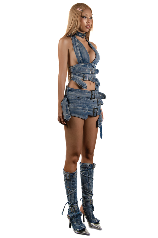 POP Buckles Belts Denim Mini Skirt