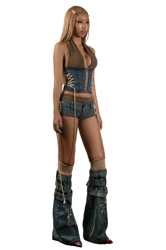 POP Lace Up Side Denim Halter Tie Back Top