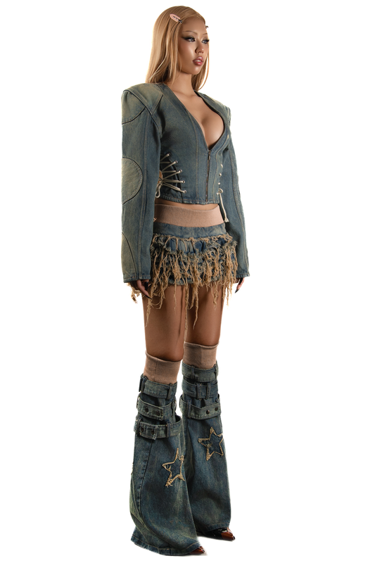 POP Bold Shoulder Lace Up Side Denim Blazer