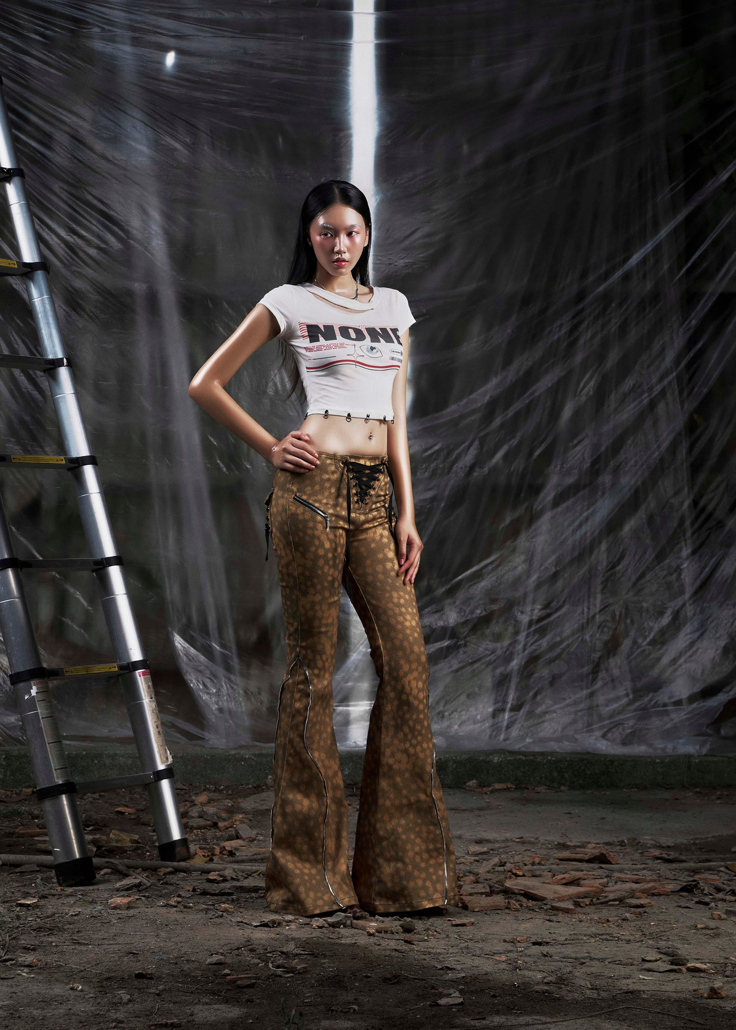 NONE Printed Lace Up Flared Jean