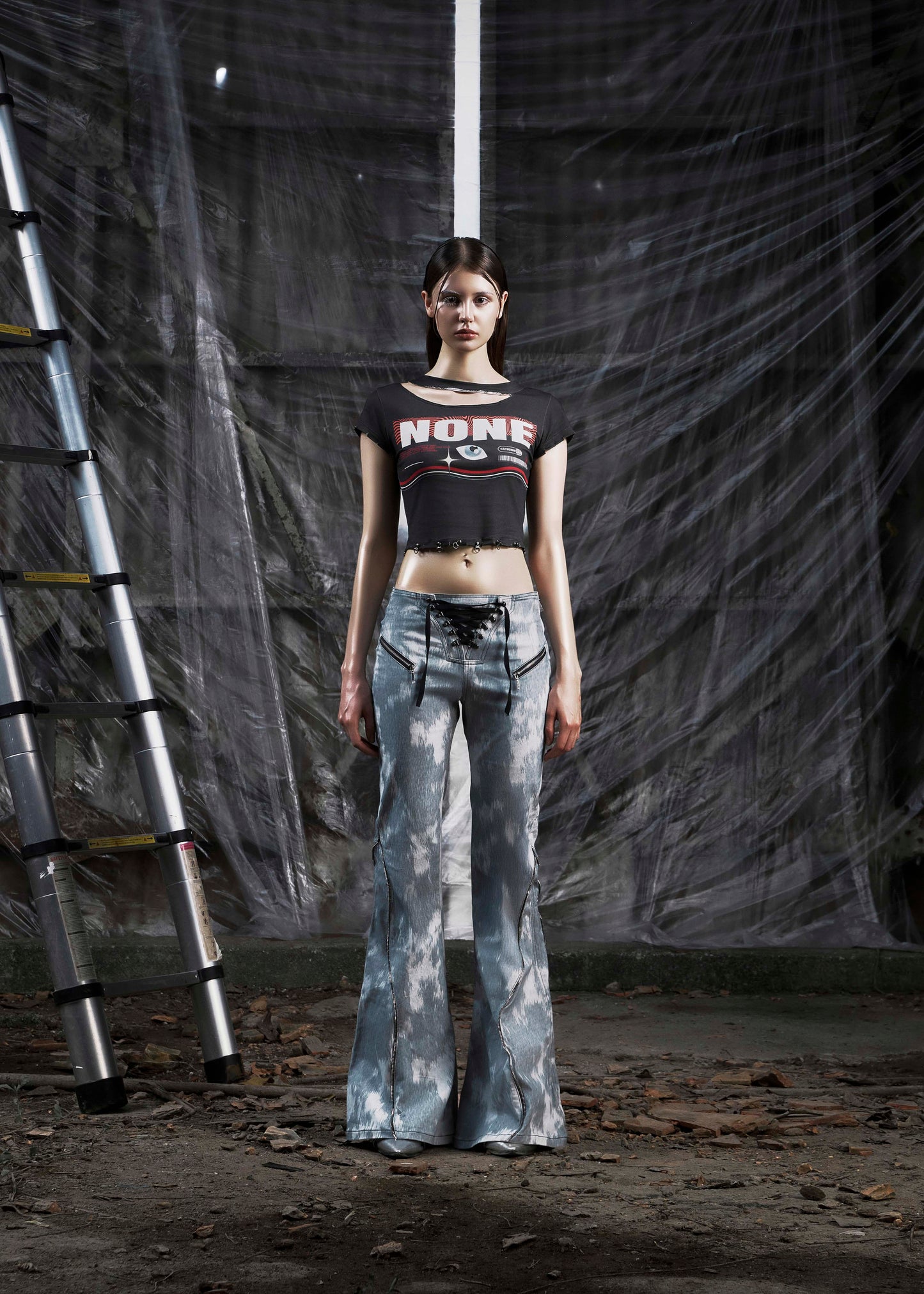 NONE Printed Lace Up Flared Jean