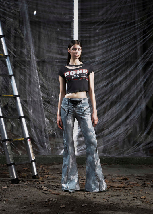 NONE Printed Lace Up Flared Jean