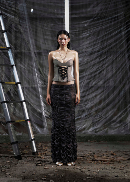 NONE Ruched Mesh Maxi Skirt