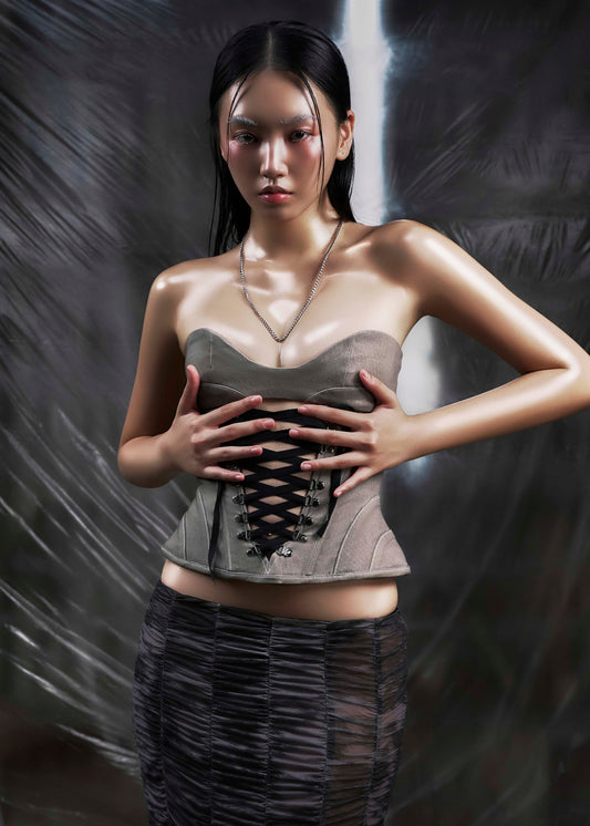 NONE Gray Lace Up Corset