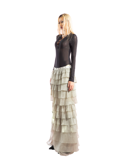 Puzzle Tiered Layer Split Maxi Skirt