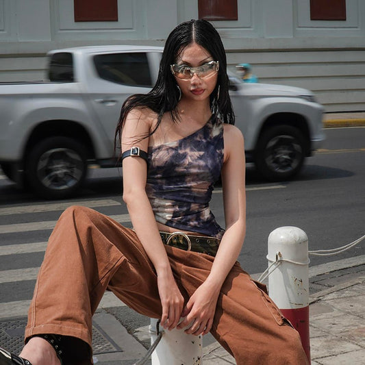 IUNU One Shoulder Sleeveless Mesh Top