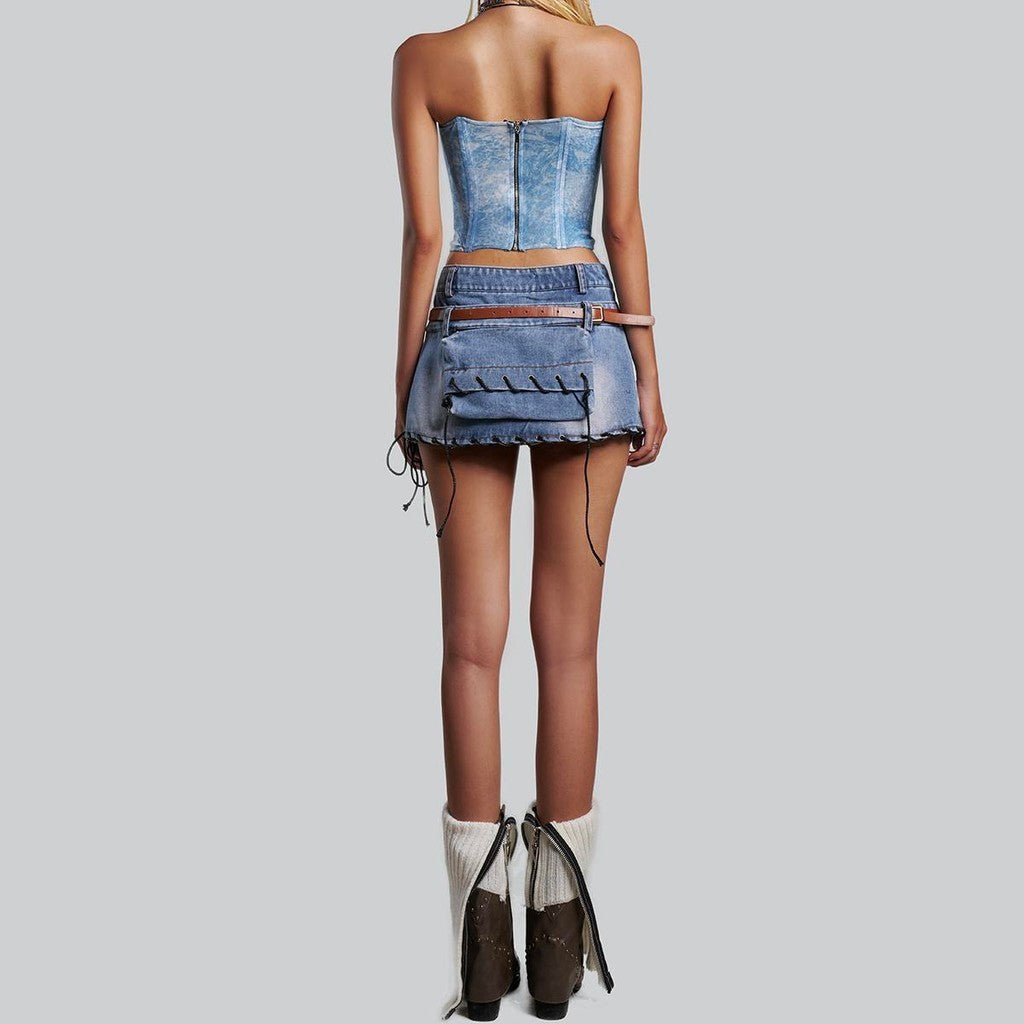 IUNU Double Waist Mini Denim Skirt