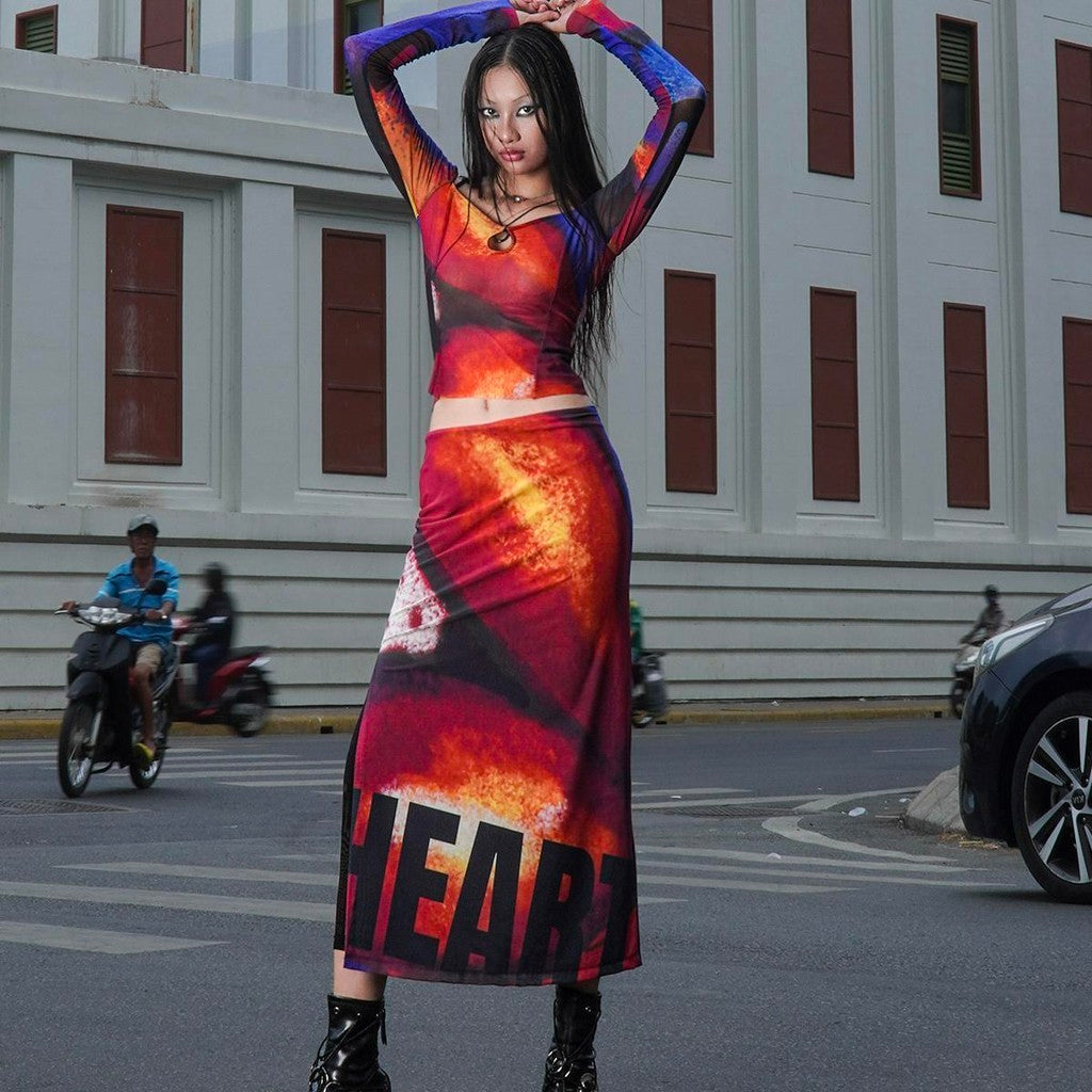 IUNU Long Sleeve Cutout Mesh Top