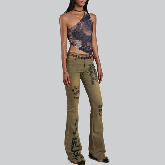 Blur Texts Printed Flared Jeans