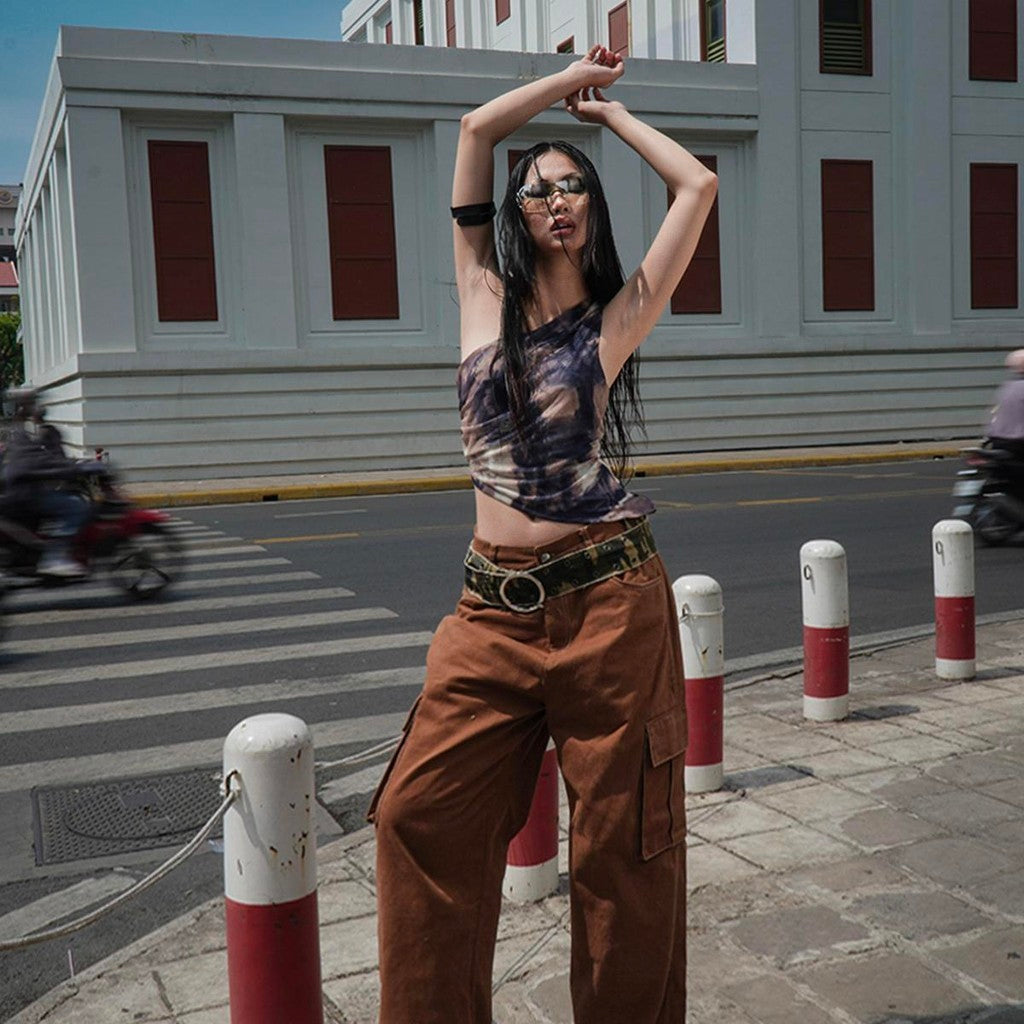 IUNU One Shoulder Sleeveless Mesh Top