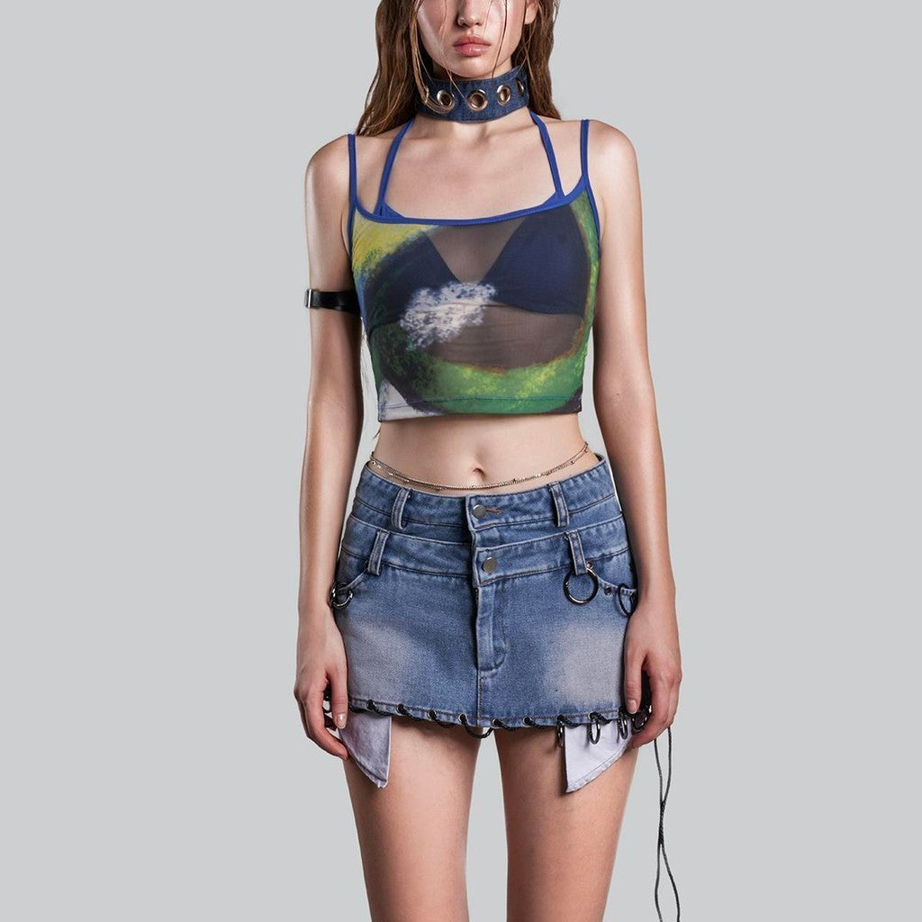 IUNU Double Waist Mini Denim Skirt