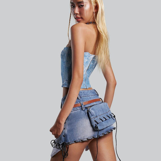 IUNU Double Waist Mini Denim Skirt