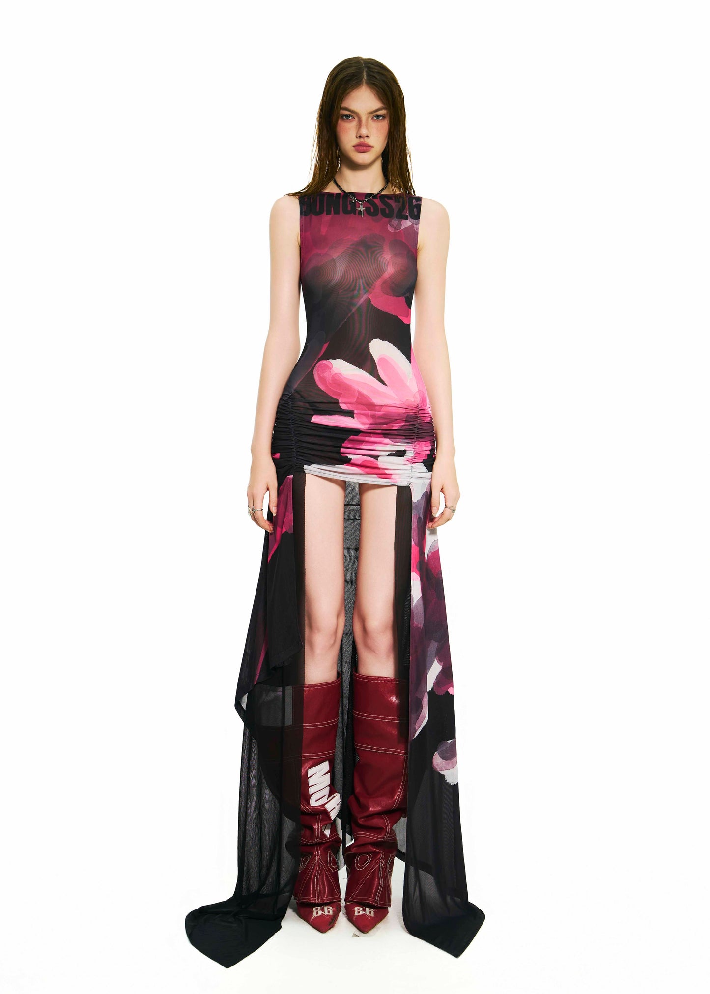 BONG Blooms Hand Drawn Front Thigh Ruched Layer Dress
