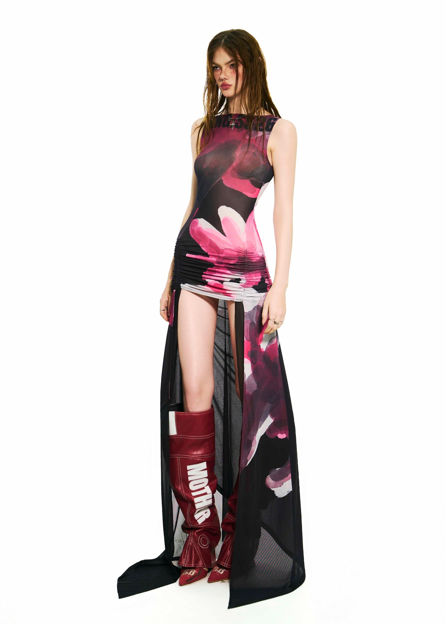 BONG Blooms Hand Drawn Front Thigh Ruched Layer Dress