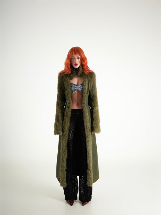 Error Leather Mixed Fur Long Coat