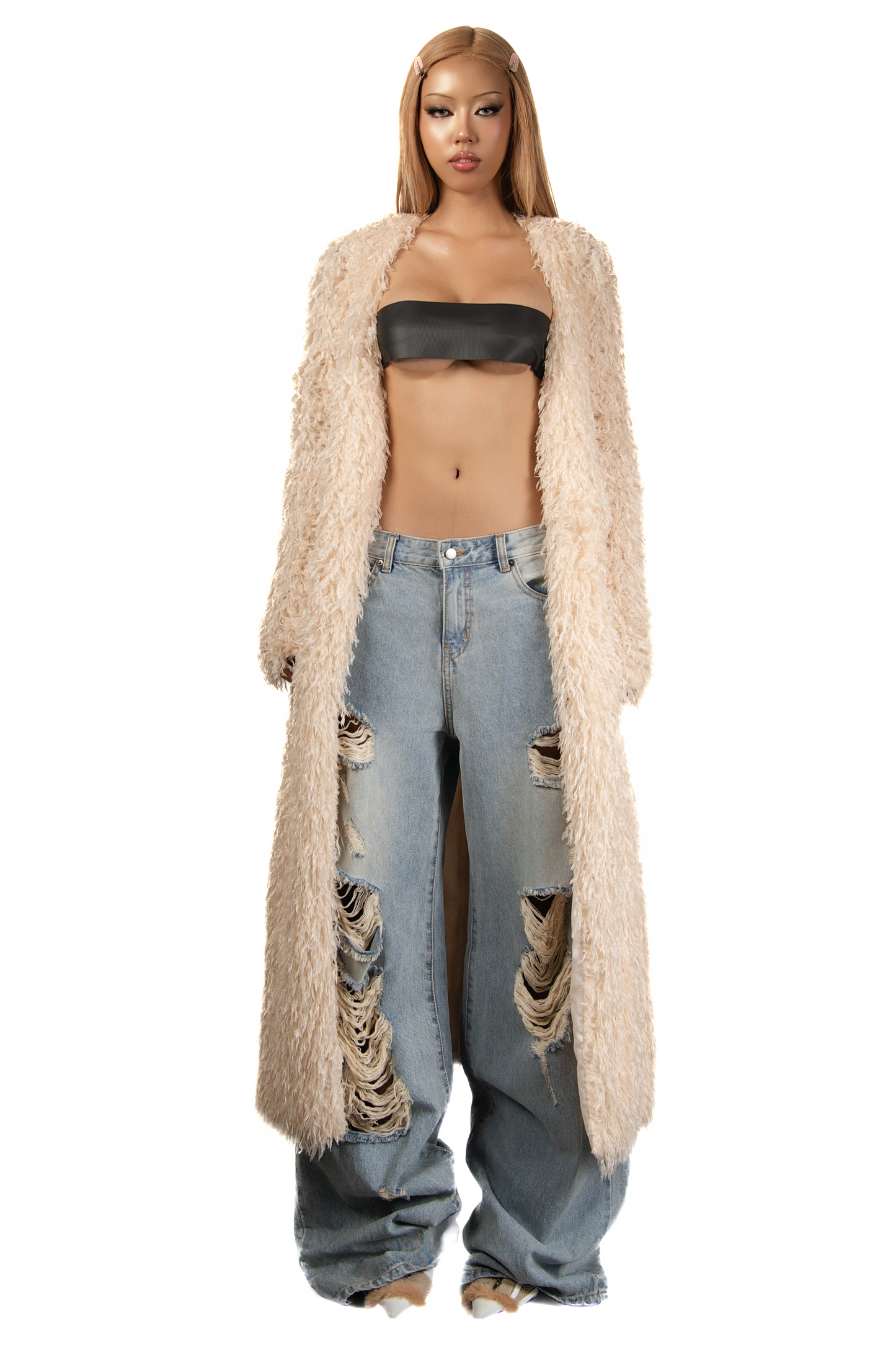 POP Beige Faux Fur Long Coat