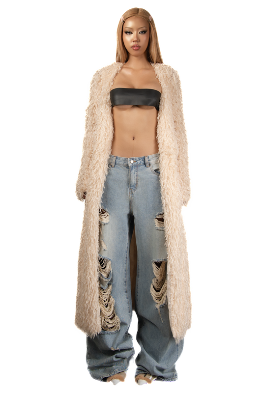 POP Beige Faux Fur Long Coat