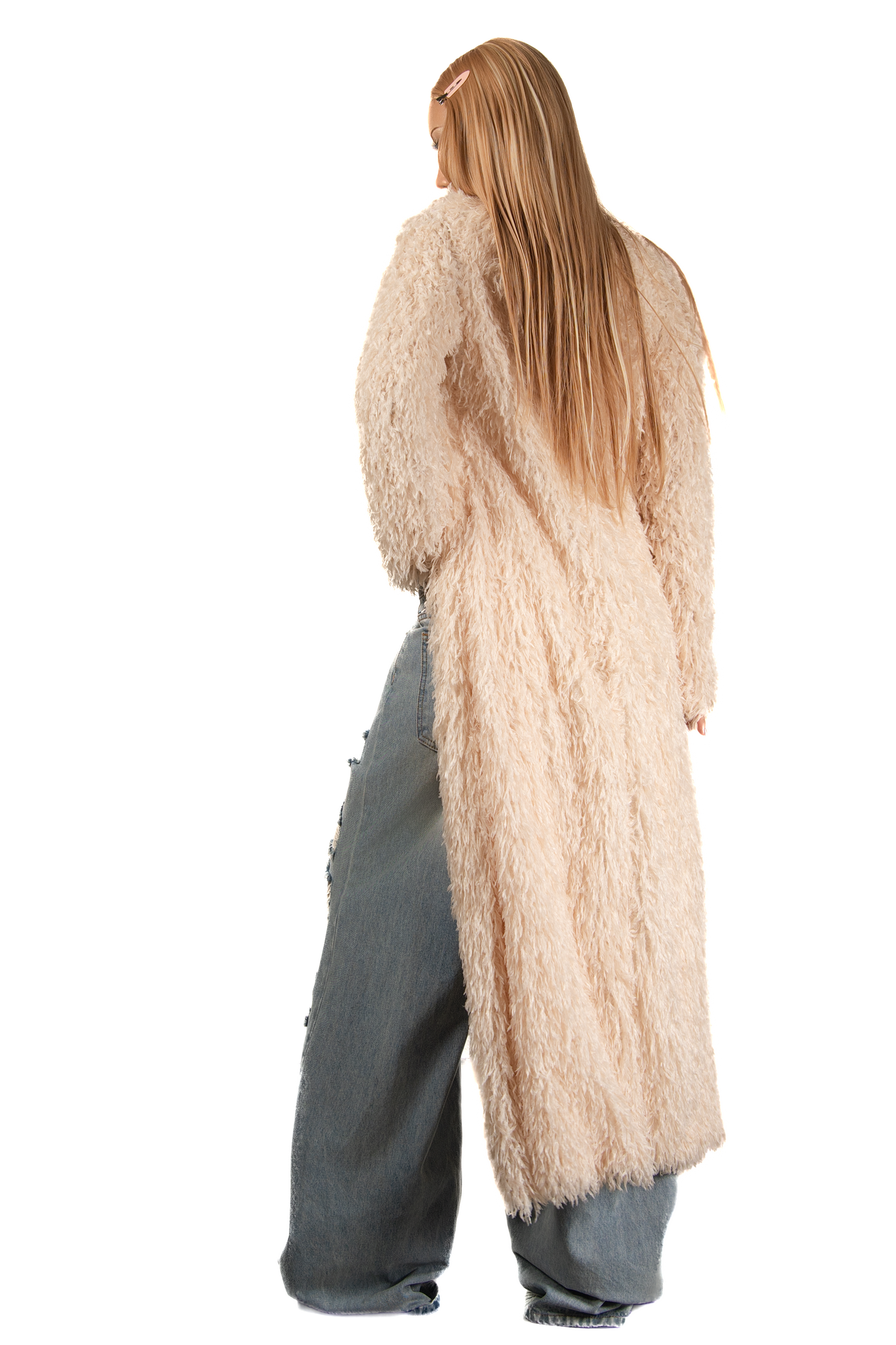 POP Beige Faux Fur Long Coat