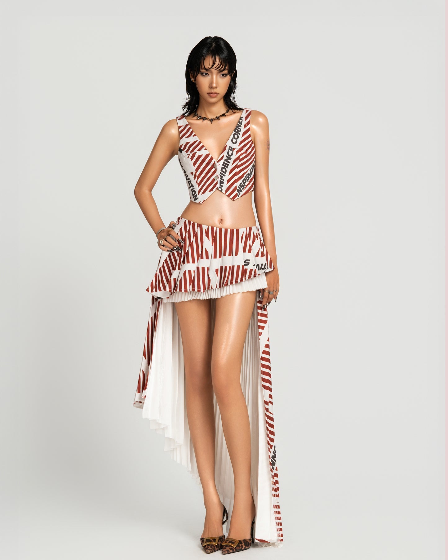 MAP Striped Asymmetric Pleated Skirt