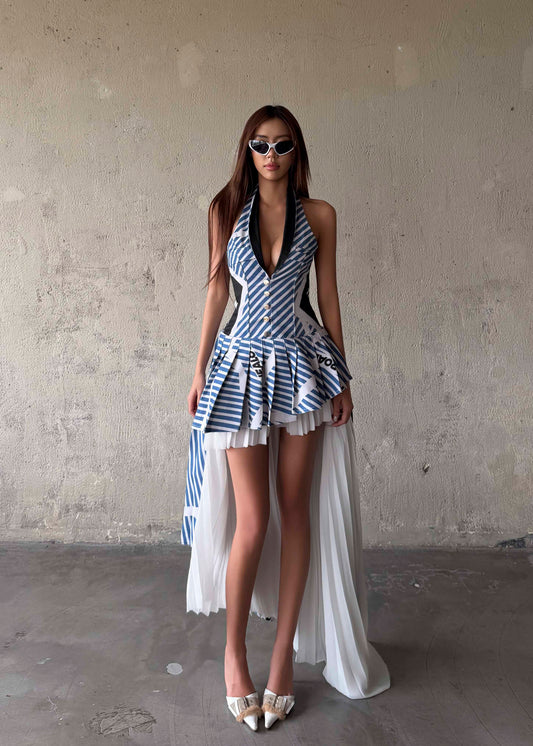 MAP Striped Asymmetric Pleated Halter Neck Dress