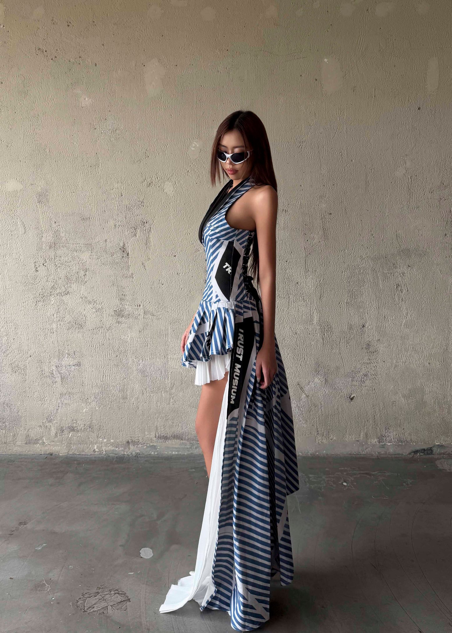 MAP Striped Asymmetric Pleated Halter Neck Dress