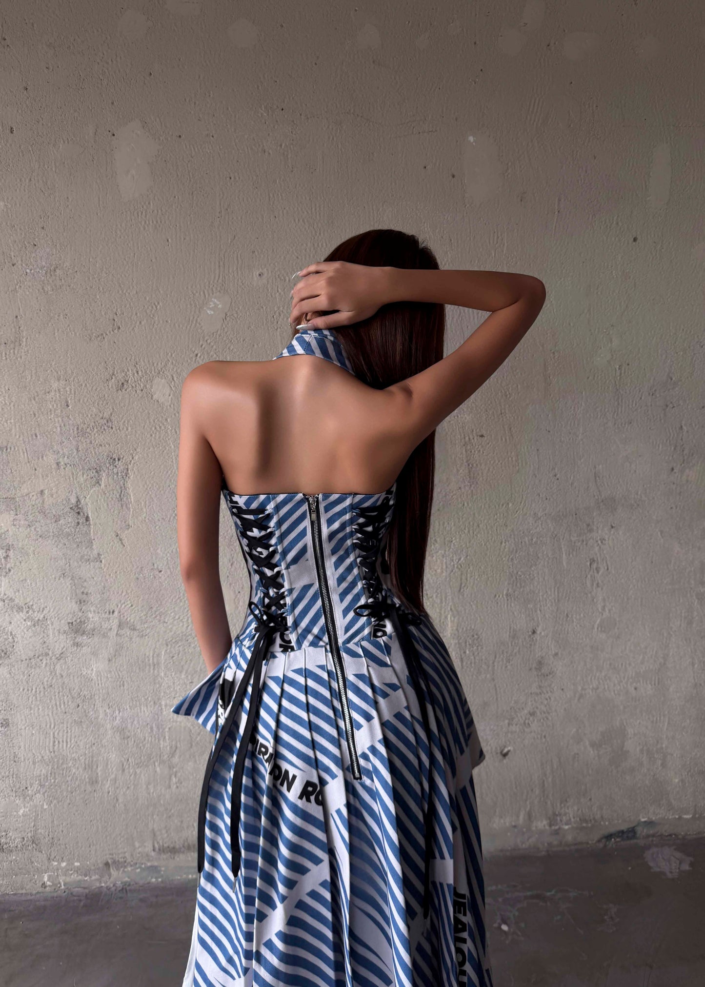 MAP Striped Asymmetric Pleated Halter Neck Dress