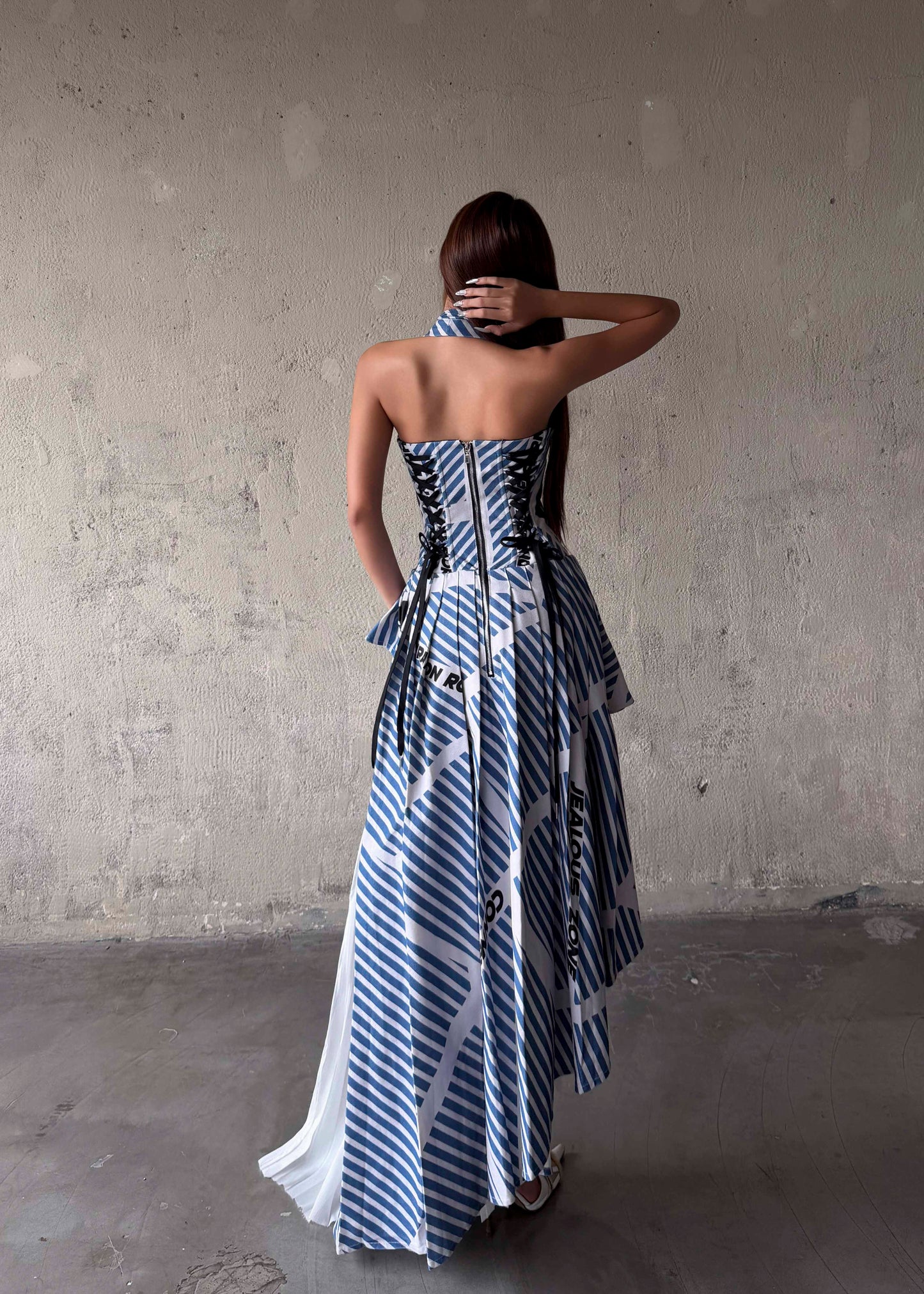 MAP Striped Asymmetric Pleated Halter Neck Dress