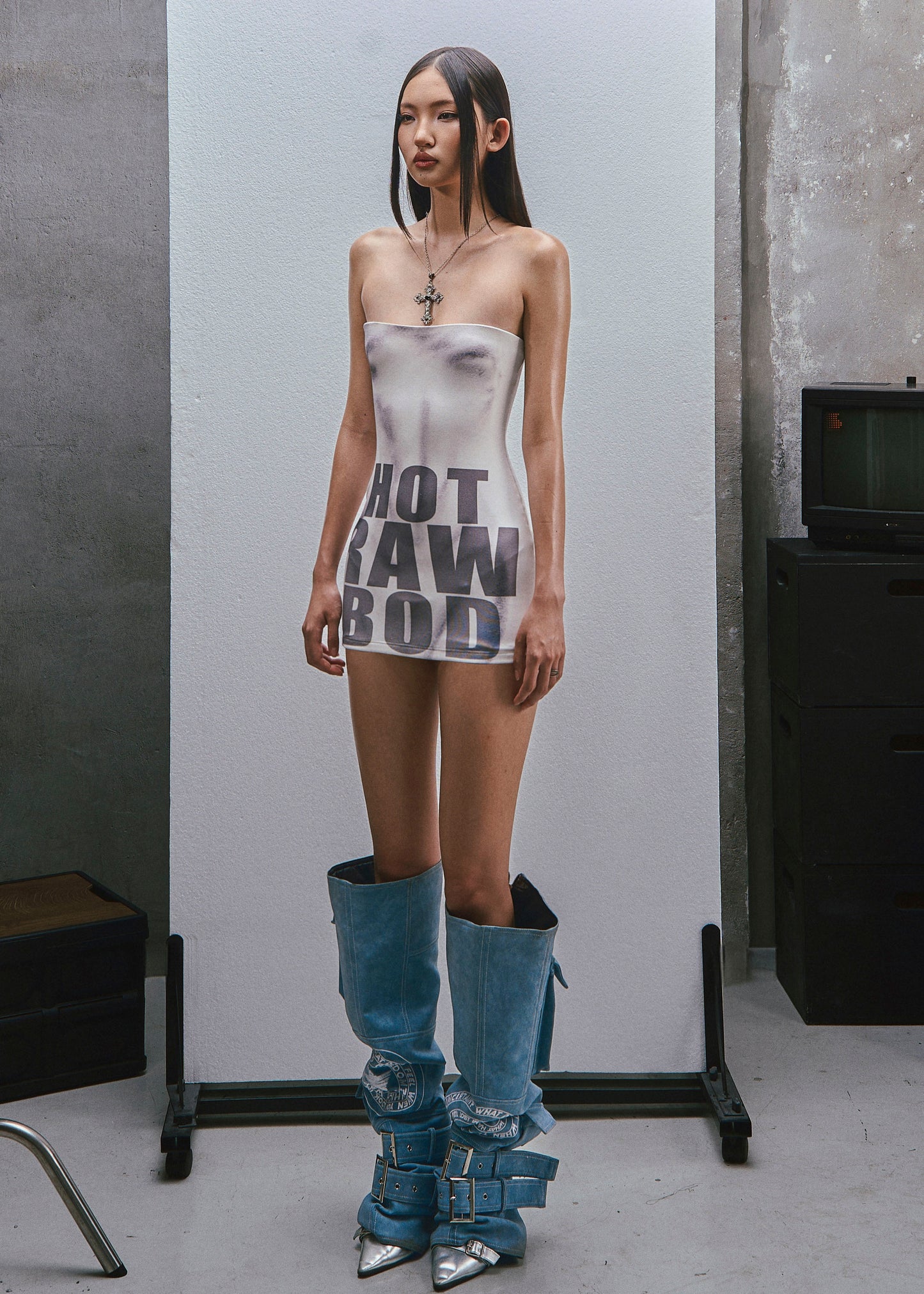RAW Text Printed Strapless Dress
