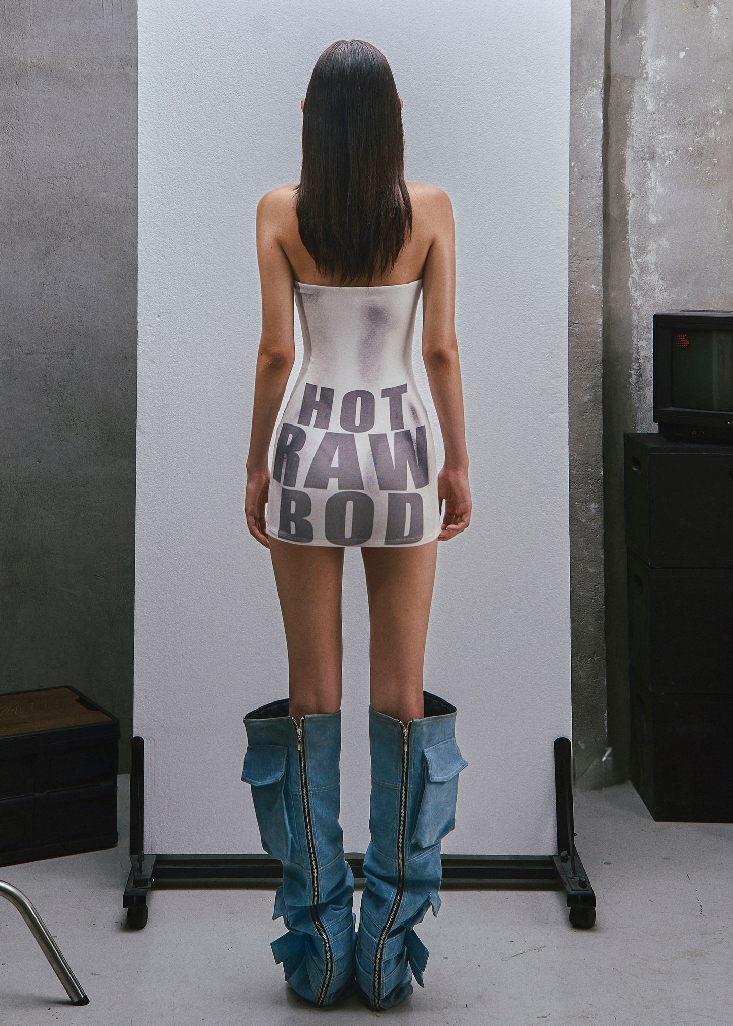 RAW Text Printed Strapless Dress