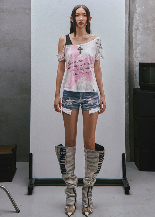 RAW Stars Printed Asymmetrical Cold Shoulder Top