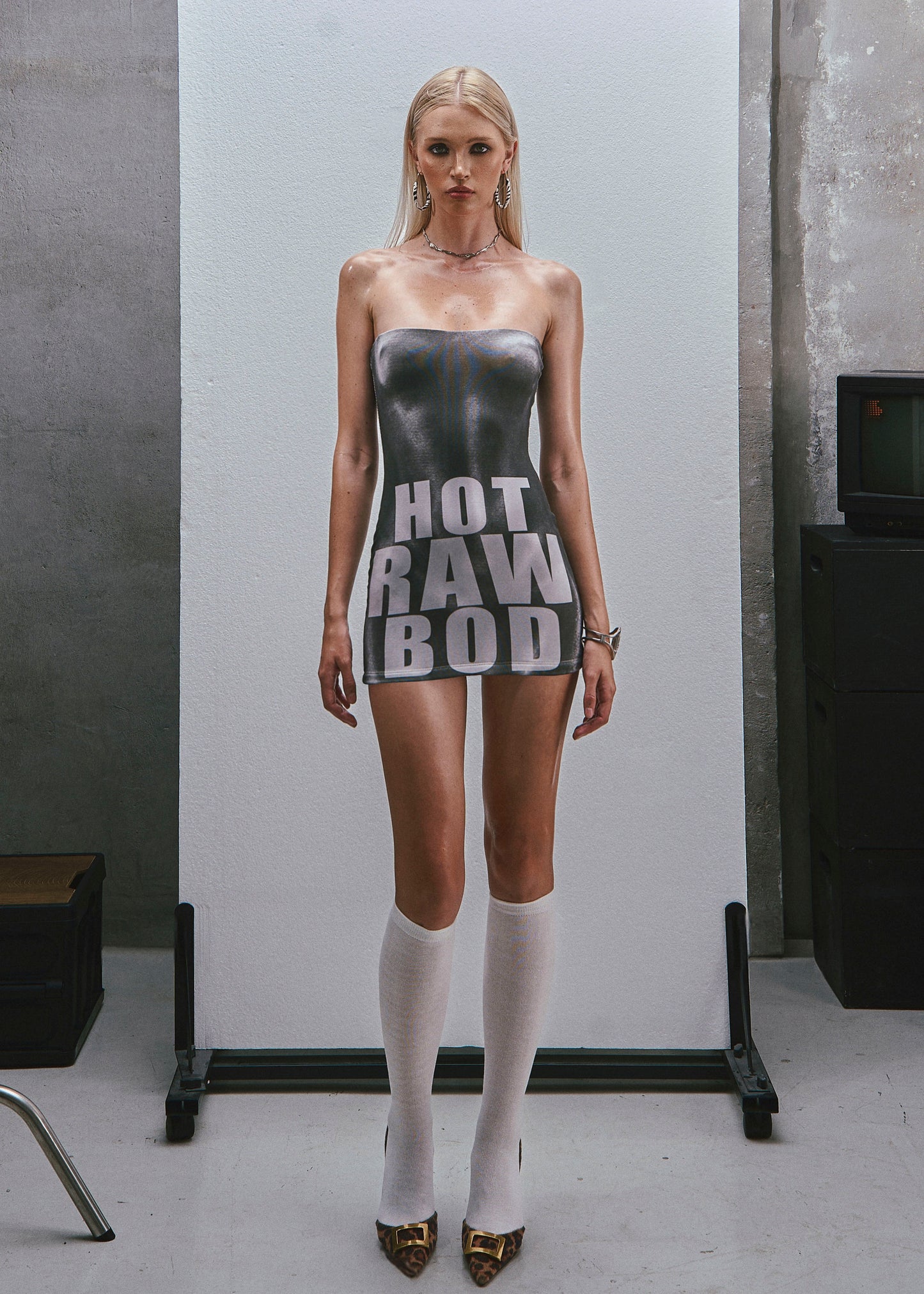 RAW Text Printed Strapless Dress