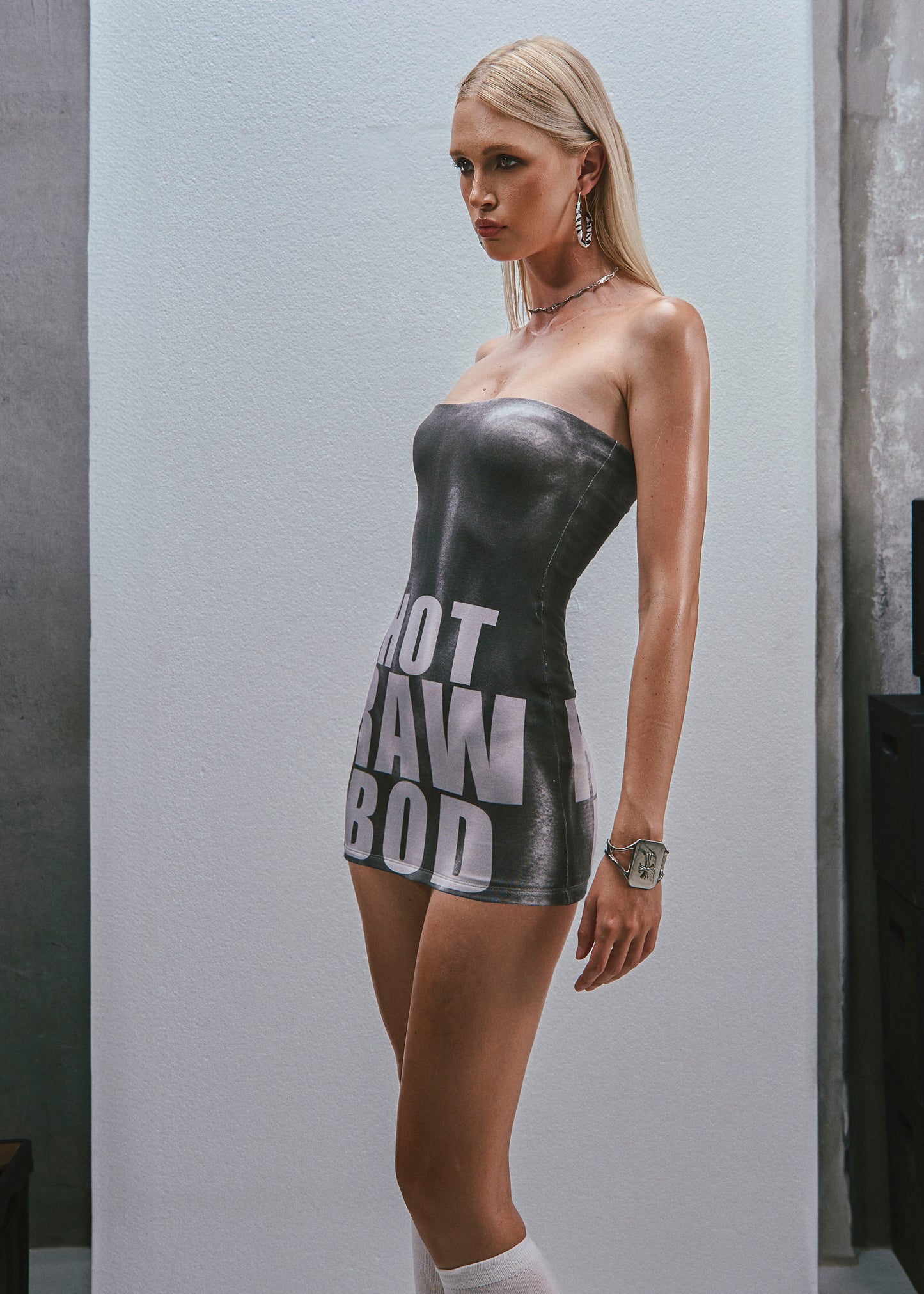 RAW Text Printed Strapless Dress