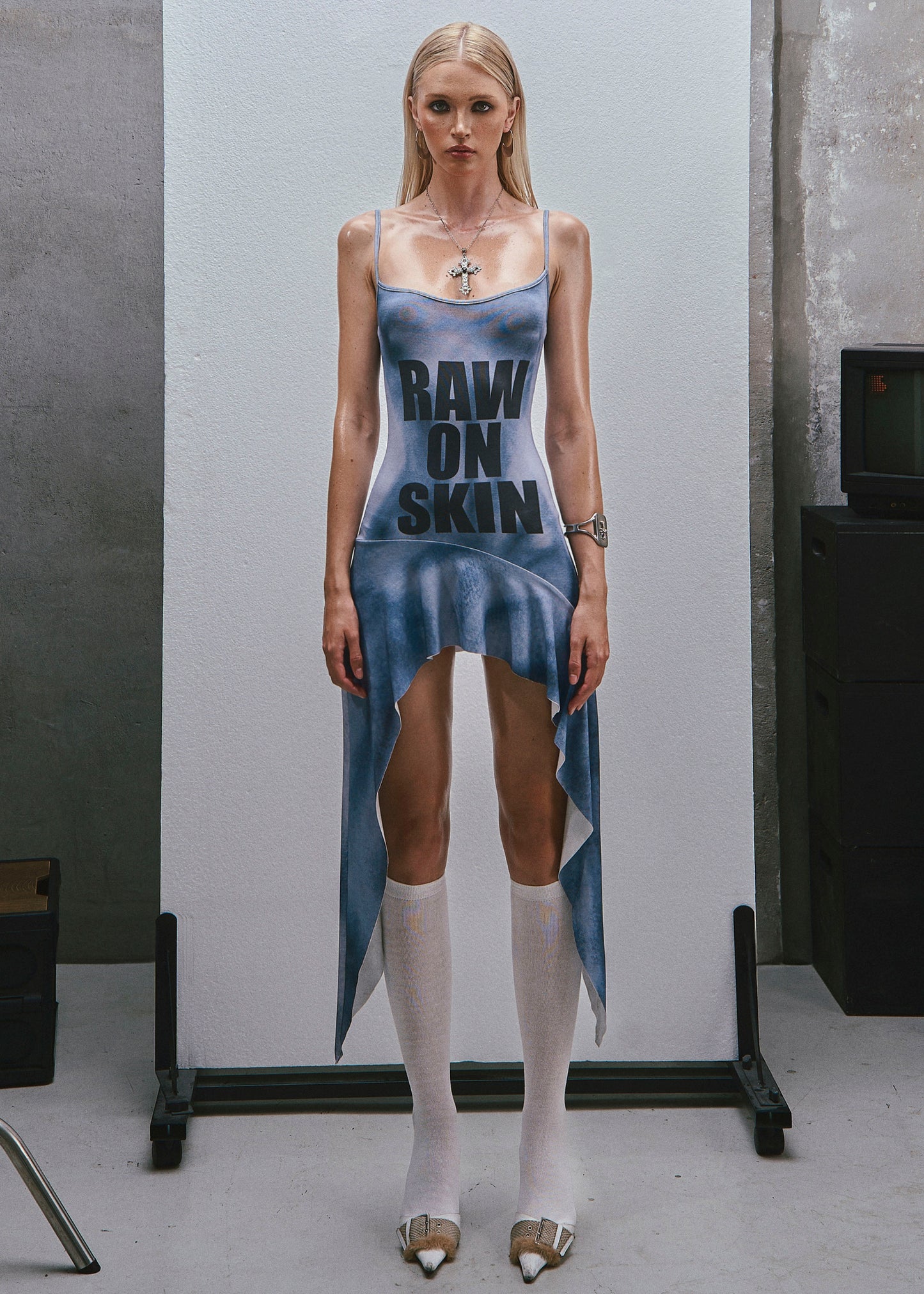 RAW Text Printed Straps Ruffled Asymmetric Hem Mini Dress