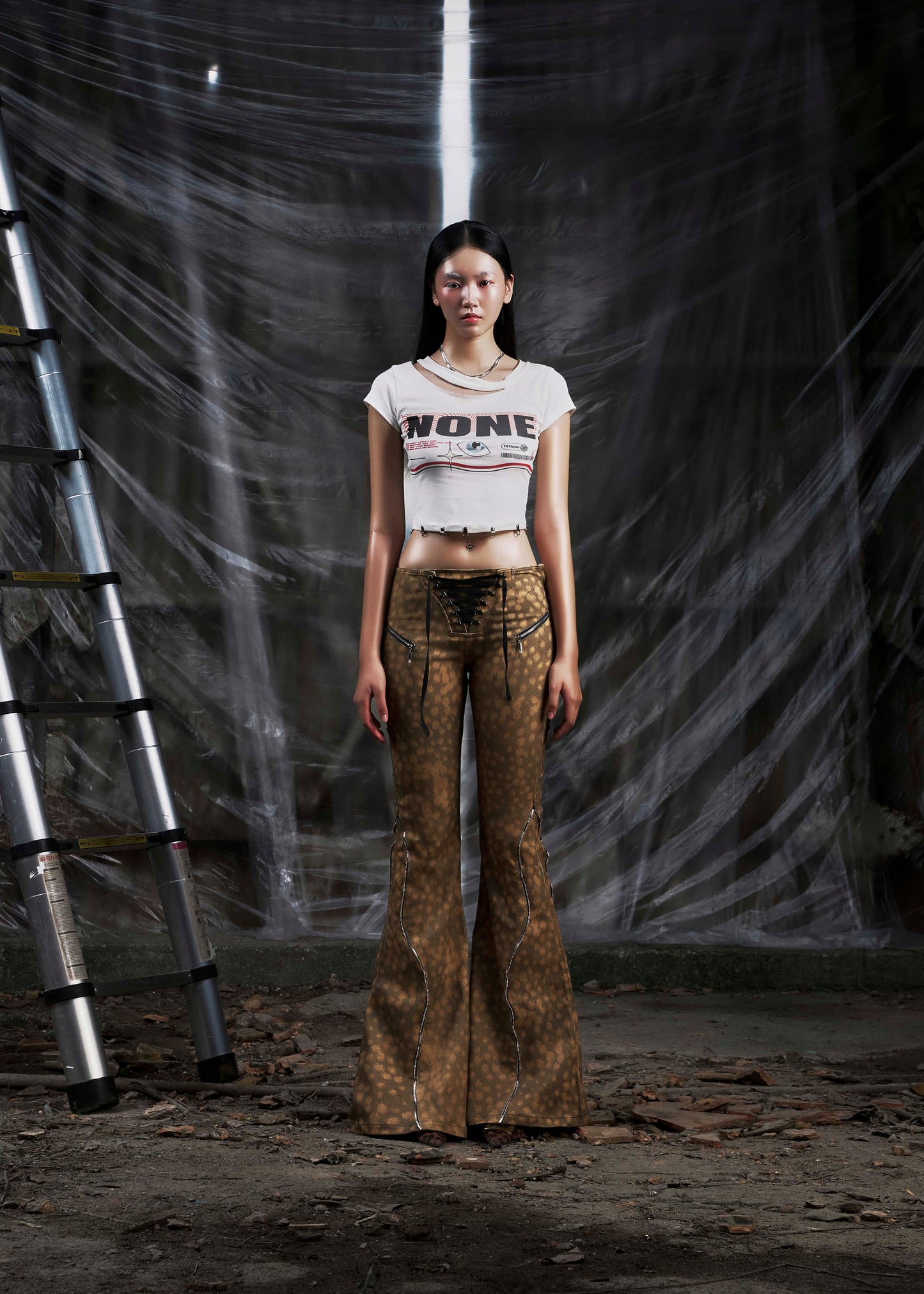 NONE Printed Lace Up Flared Jean