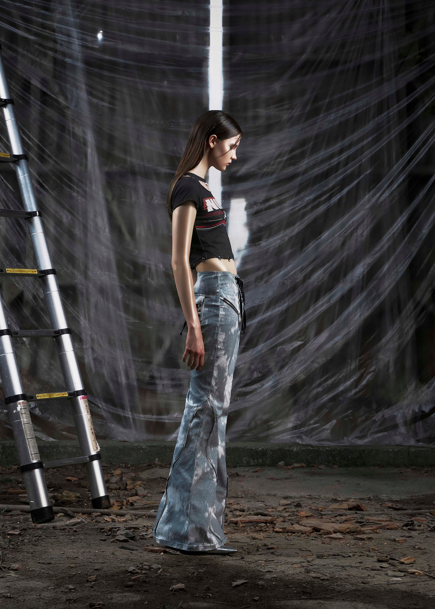 NONE Printed Lace Up Flared Jean