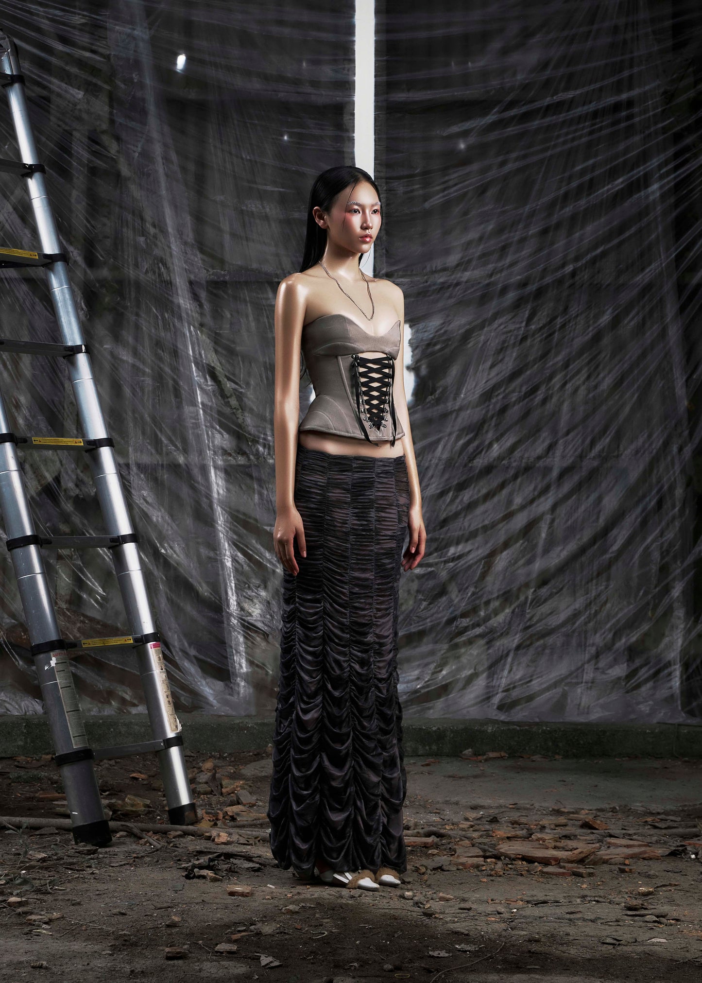 NONE Ruched Mesh Maxi Skirt