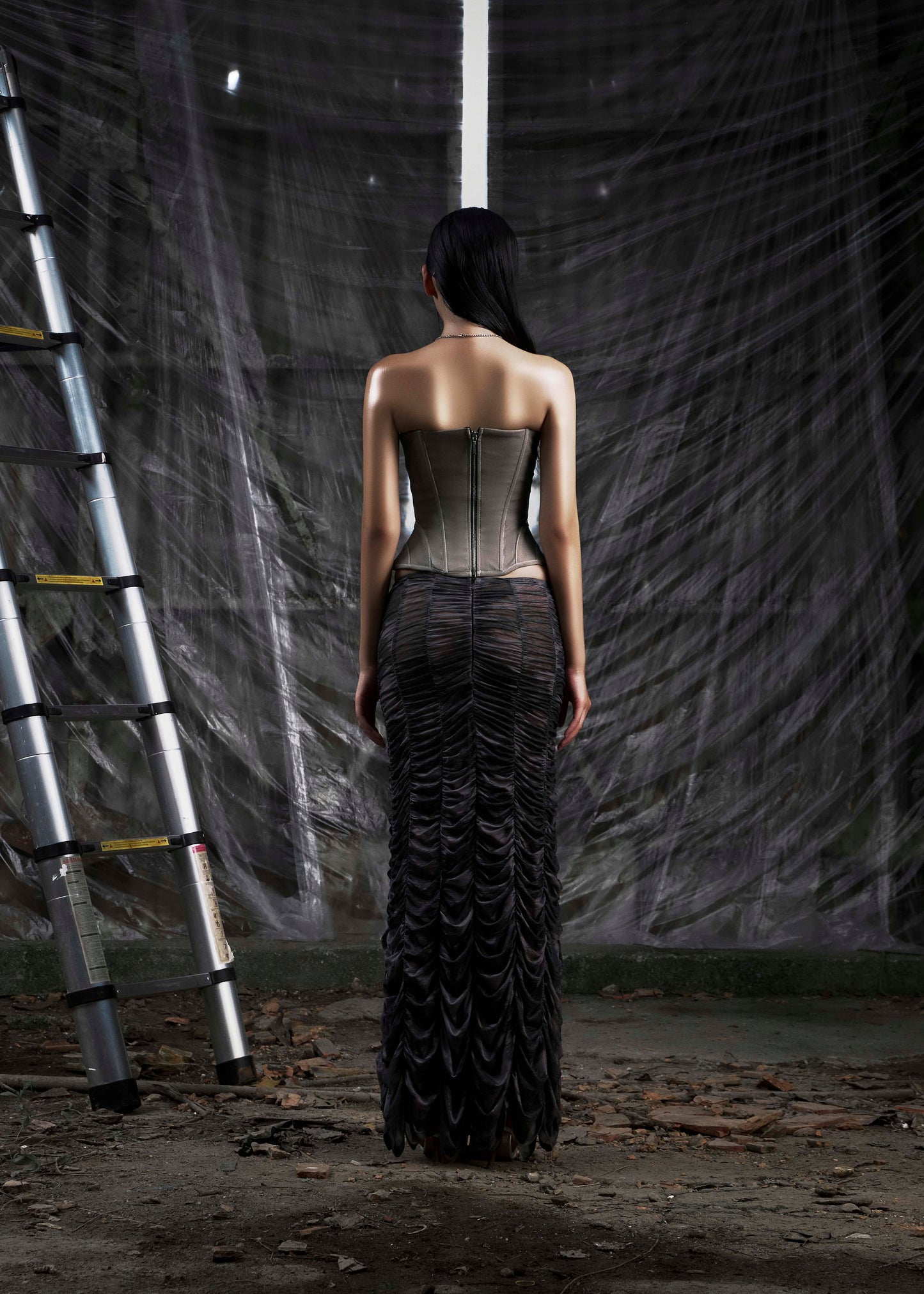 NONE Ruched Mesh Maxi Skirt