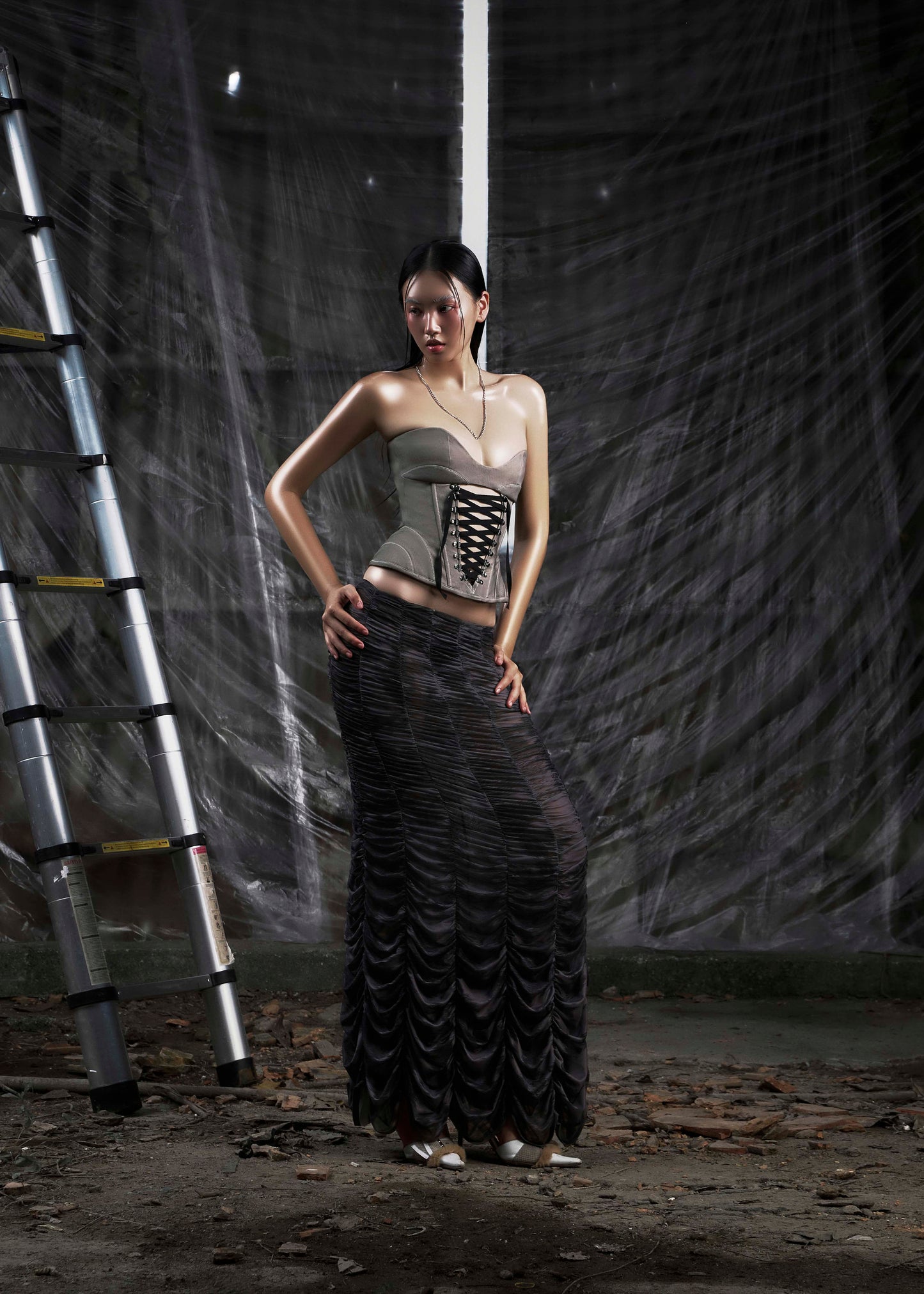 NONE Ruched Mesh Maxi Skirt