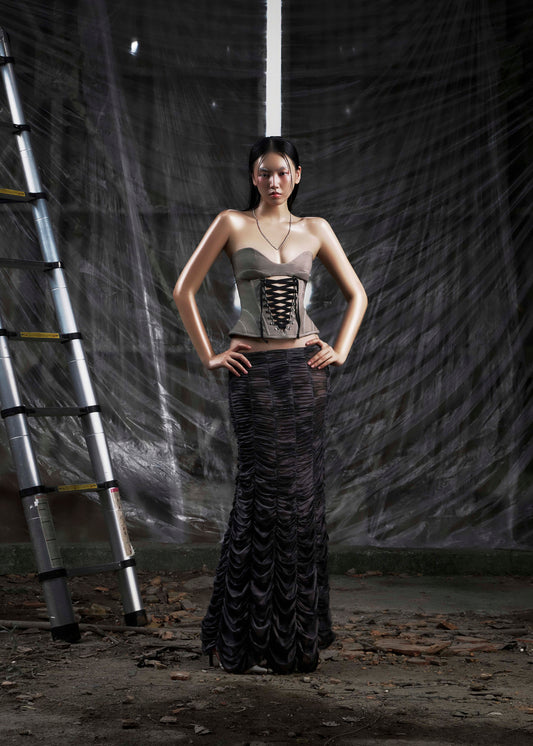 NONE Ruched Mesh Maxi Skirt