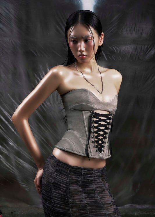 NONE Gray Lace Up Corset