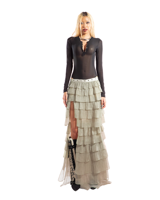 Puzzle Tiered Layer Split Maxi Skirt