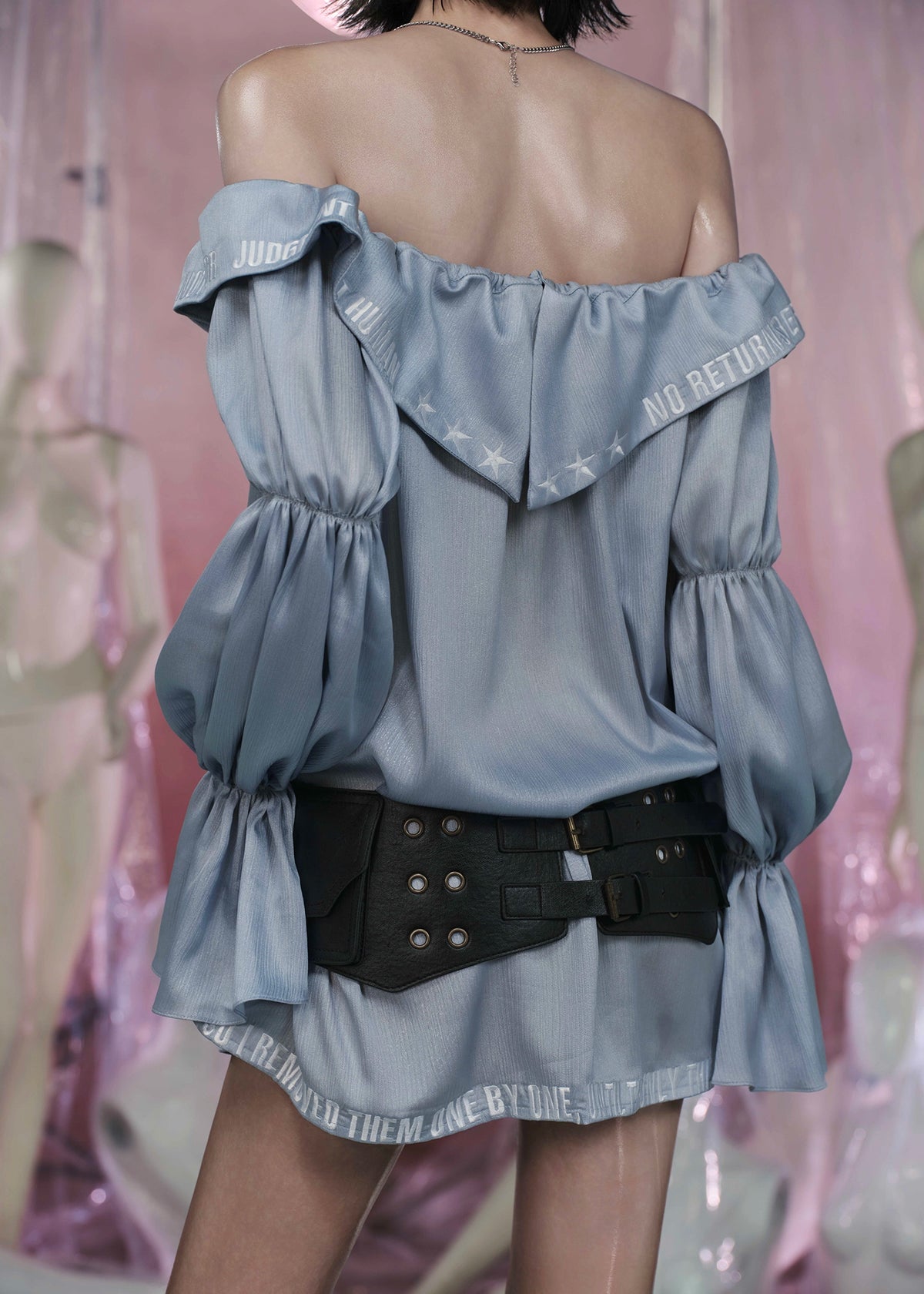 LABEL Silk Off Shoulder Puffy Sleeved Shirt