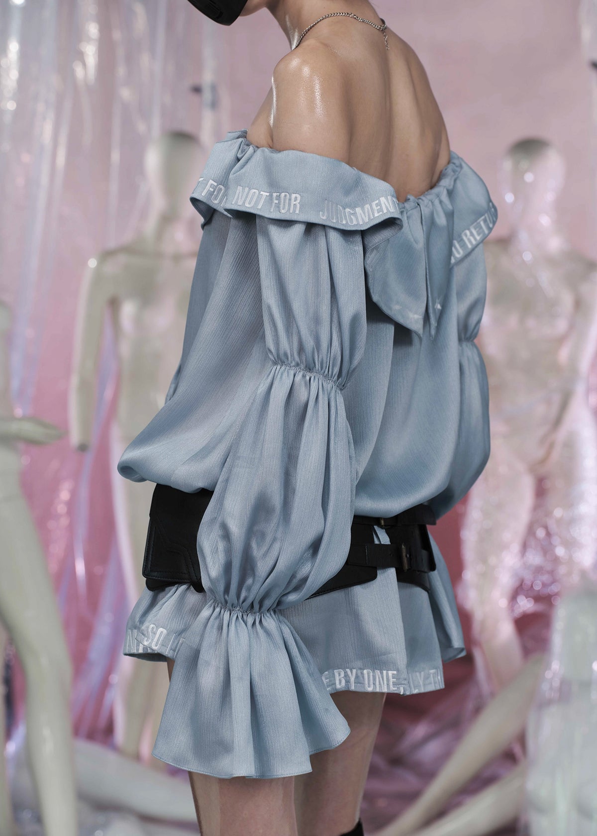 LABEL Silk Off Shoulder Puffy Sleeved Shirt