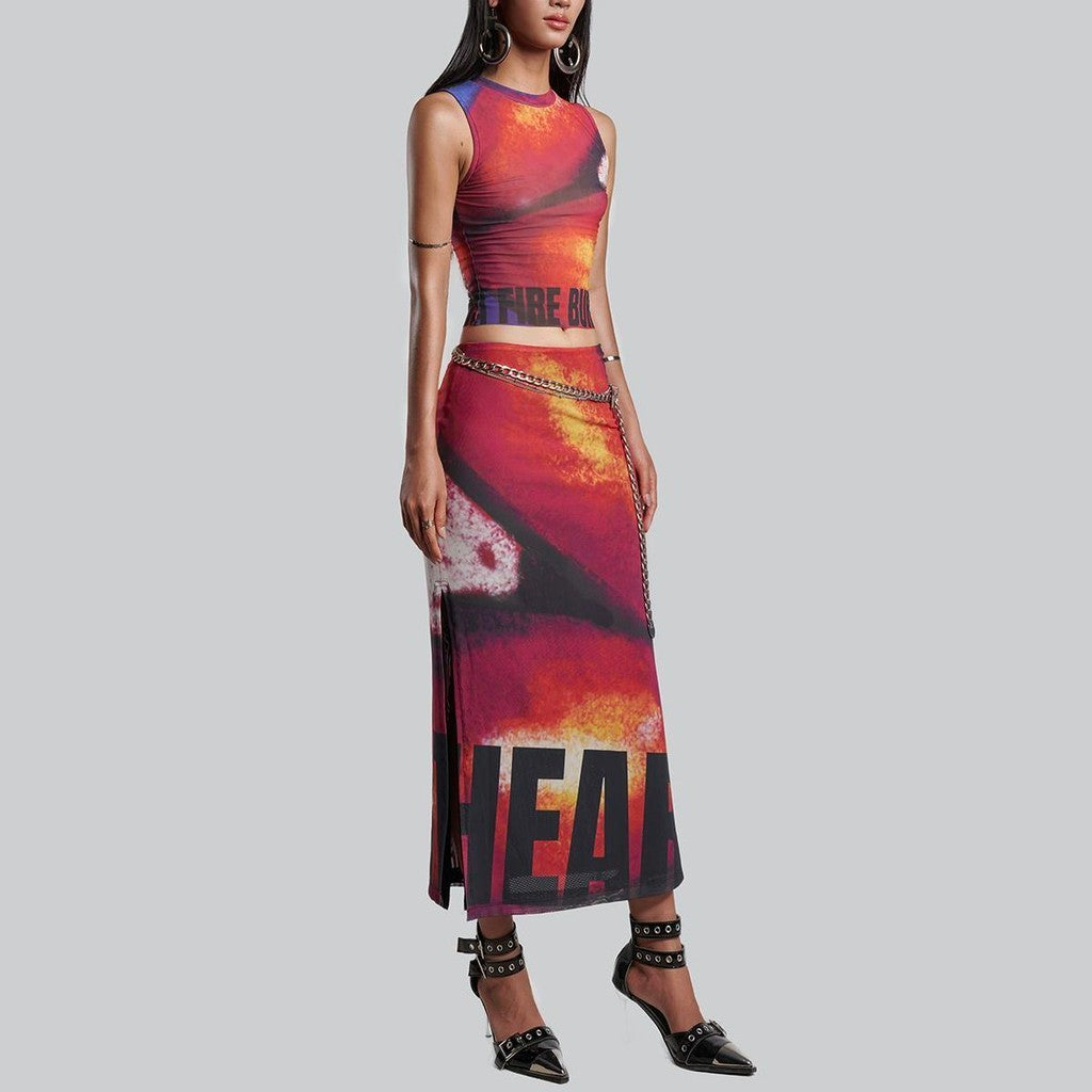 IUNU Lips Printed Mesh Midi Skirt