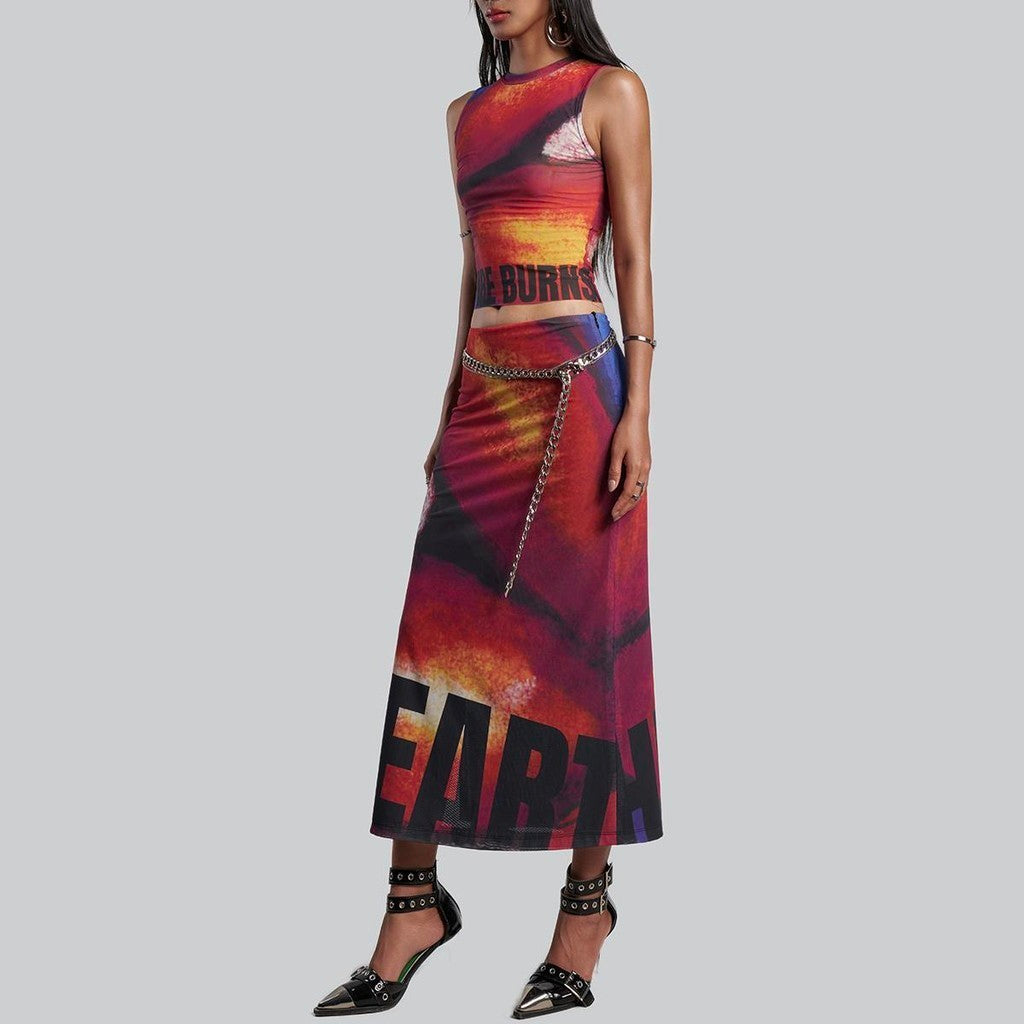 IUNU Lips Printed Mesh Midi Skirt