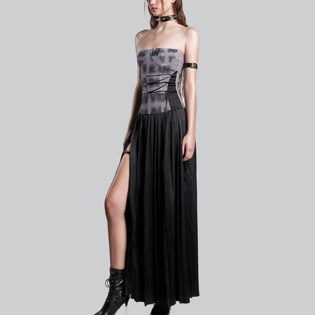 IUNU Drawstring Front Slit Pleated Dress