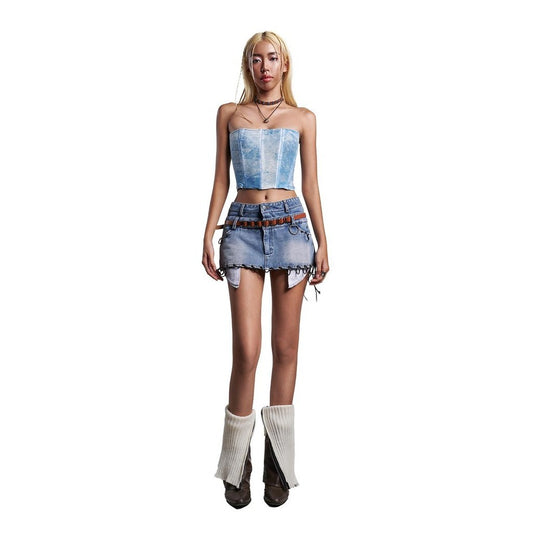 IUNU Double Waist Mini Denim Skirt