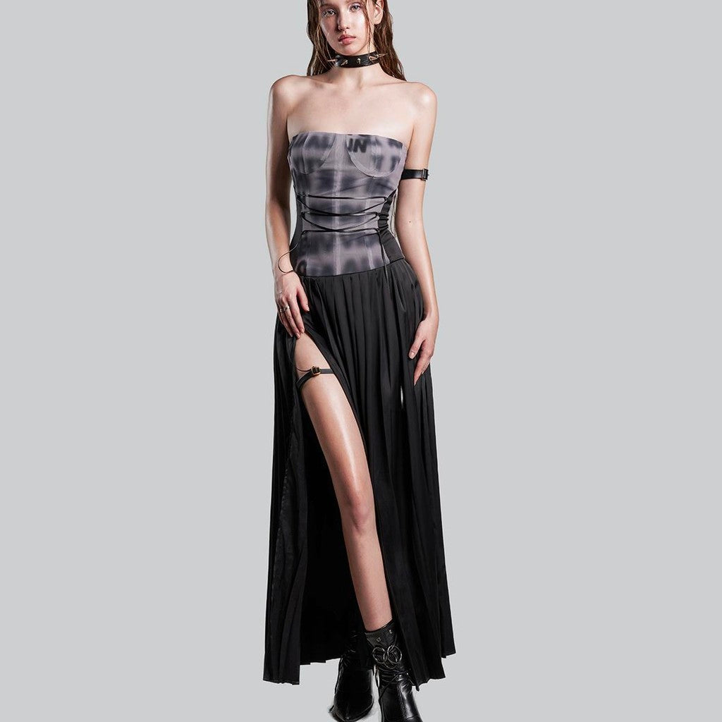 IUNU Drawstring Front Slit Pleated Dress