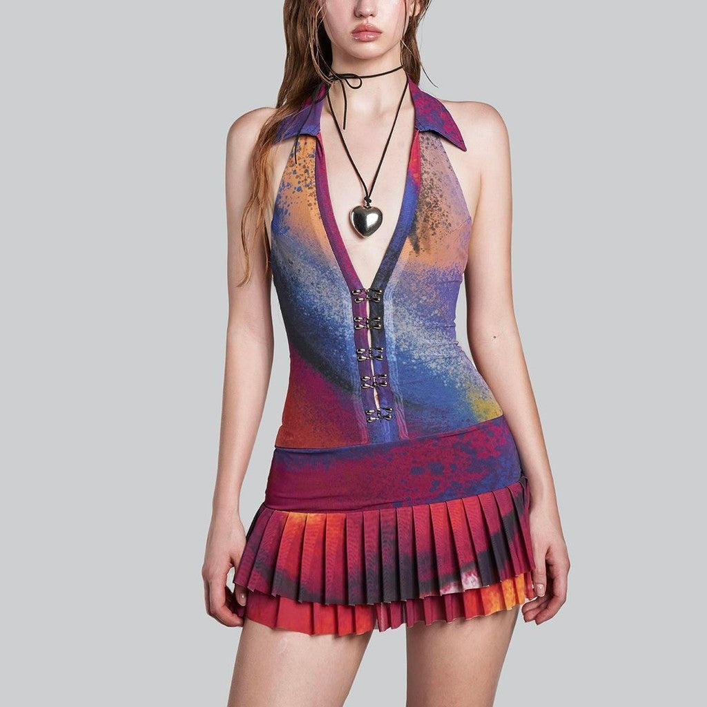 IUNU Halter V Neck Mesh Dress